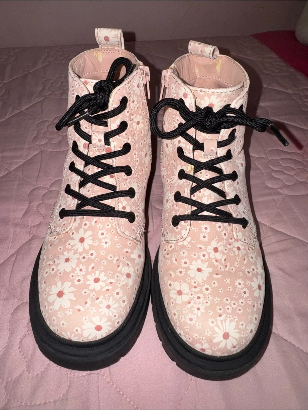 art class Pink Floral Lace-Up Combat Boots with Black Soles